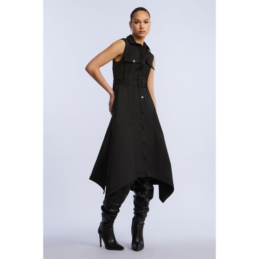 BCBGMAXAZRIA Scarf Hem Taffeta Twill Midi Dress in Black S - Picture 2 of 8